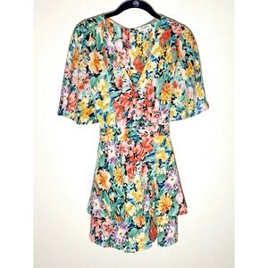 Umgee Romper‎ Womens M  Multicolor Floral Print Butterfly Sleeves Tye Belt